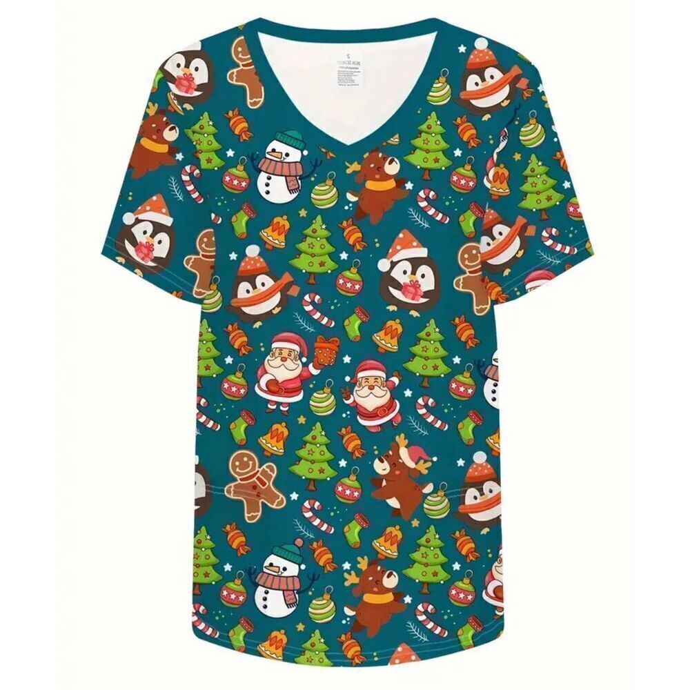 Christmas Scrub top Women’s size Medium 8-10  Santa Christmas tree Gingerbread N